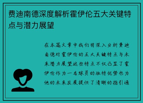 费迪南德深度解析霍伊伦五大关键特点与潜力展望